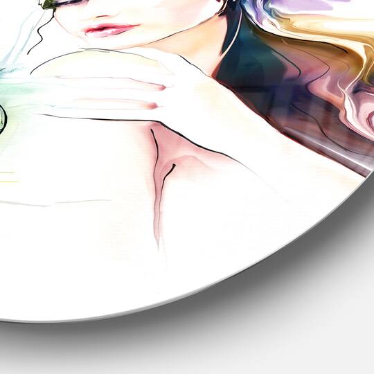 Designart - Woman with Perfume Bottle' Disc Portrait Contemporary Circle Metal Wall Art